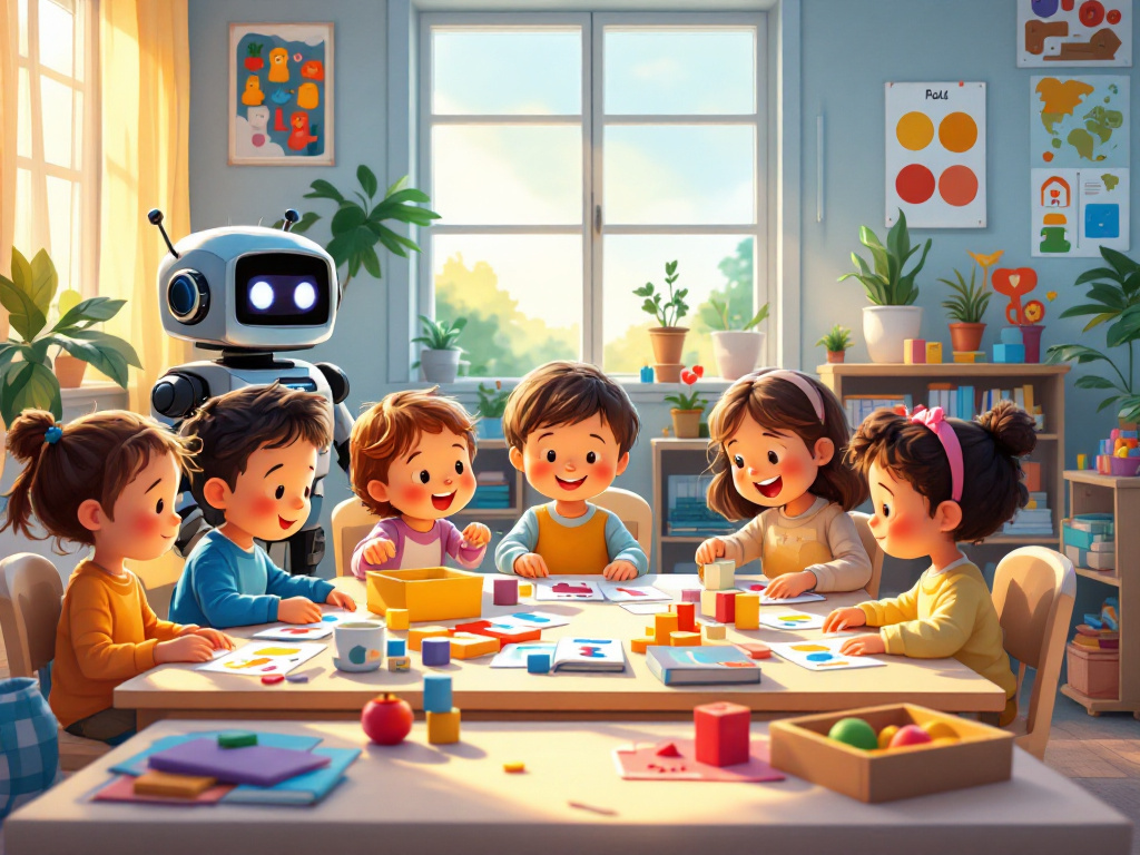 STEM nella Scuola dell'Infanzia: Bambini che dipingono e giocano insieme in un'aula luminosa con materiali artistici e un robot educativo