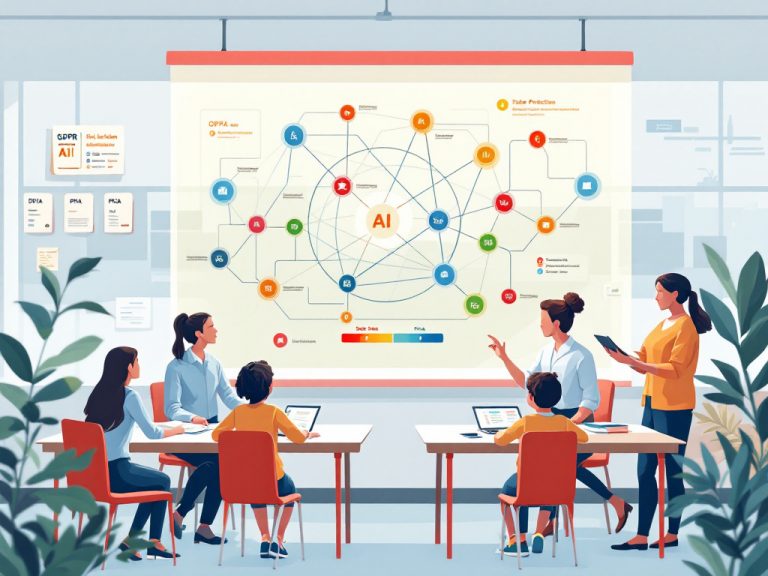 FRIA/DPIA Integrata per Strumenti di IA a Scuola: Gruppo di persone che discutono una mappa concettuale su intelligenza artificiale e regolamentazione, con nodi tematici su GDPR, rischi, trasparenza e impatto sociale