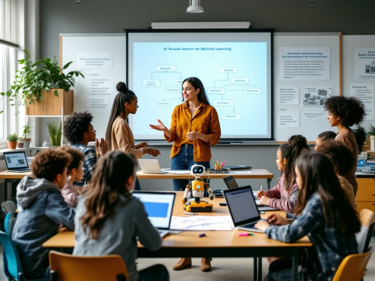 Scuola Secondaria di Primo Grado: Insegnante spiega i fondamenti del machine learning a un gruppo di studenti in aula
