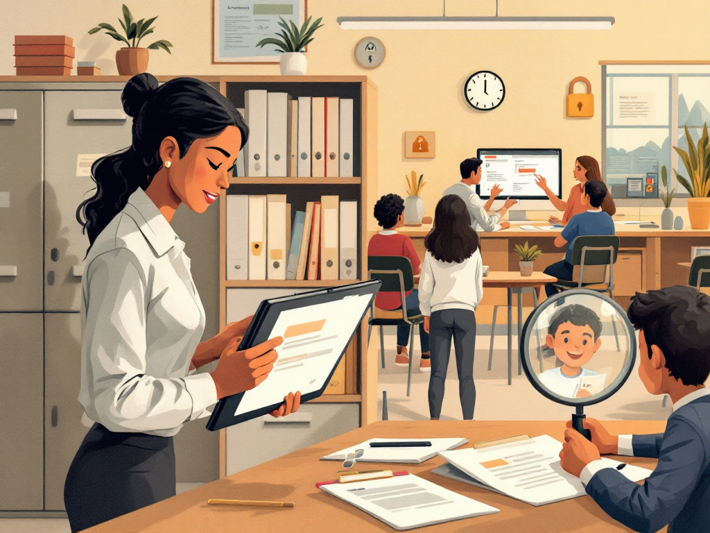 Privacy a scuola: le violazioni più frequenti e come evitarle secondo il Garante 4 Privacy-scuola-italiana Woman in ufficio mostra un documento a un collega durante una riunione di riflessa in magnifying glass